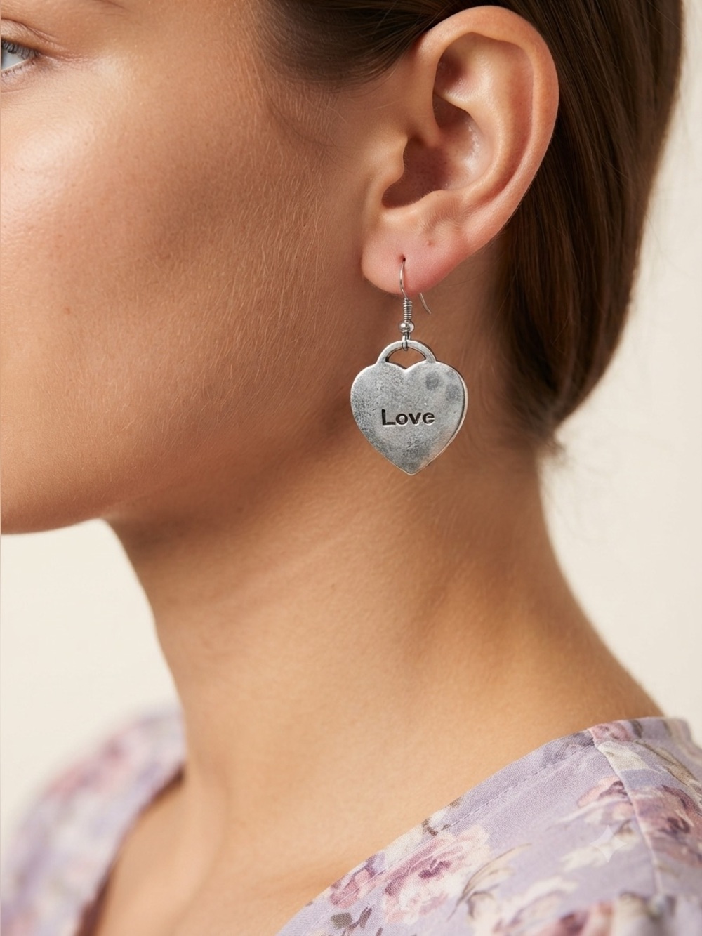 Vintage Amore Love Heart Dangle Earrings | Antique Silver Tone Romantic Earring